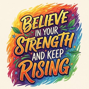 May include: A vibrant, colorful illustration with the words "BELIEVE IN YOUR STRENGTH AND KEEP RISING." The text is in a bold, yellow font with a black outline, set against a rainbow-colored background with stars and leaves.