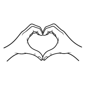 May include: Black and white line art illustration of two hands forming a heart shape. The fingers of both hands are touching, creating the top of the heart, while the thumbs meet at the bottom.