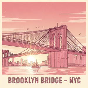 Brooklyn Bridge NYC Vintage Travel Poster | New York City Sunset Illustration Wall Art