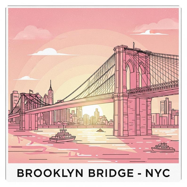 May include: Pink and white illustration of the Brooklyn Bridge in New York City. The image features the bridge with its suspension cables, boats, and the city skyline in the background. The text "BROOKLYN BRIDGE - NYC" is at the bottom.
