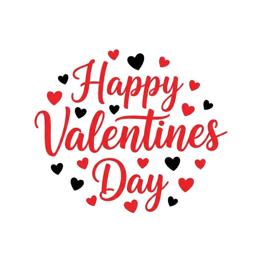 Valnetines Day Script Happy Valentine’s Day Red Script Typography With Black & Red Hearts ...