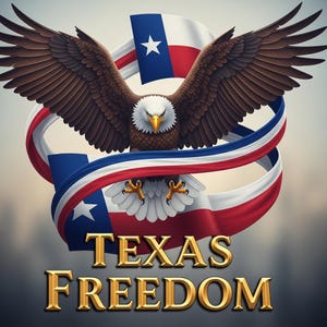May include: An illustration of a bald eagle with outstretched wings, set against a backdrop of the Texas flag. The eagle is brown and white, with a yellow beak and talons. The words "TEXAS FREEDOM" are in gold lettering.