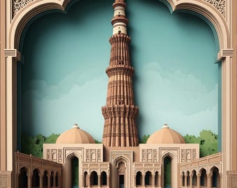 Qutub Minar 3D Paper Cut Wall Art Digital Print  India Heritage Home Decor | Digital Product