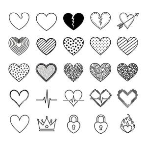 May include: A collection of black and white heart illustrations in various styles. Designs include solid hearts, broken hearts, hearts with patterns, and hearts with decorative elements like arrows, crowns, and locks. The image is a graphic design.