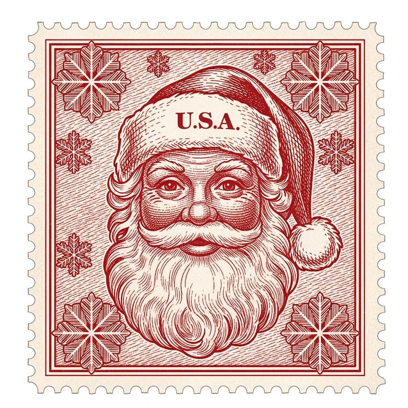 100 Vintage Santa Postage Stamp Digital Clipart - Retro Christmas Stamp ...