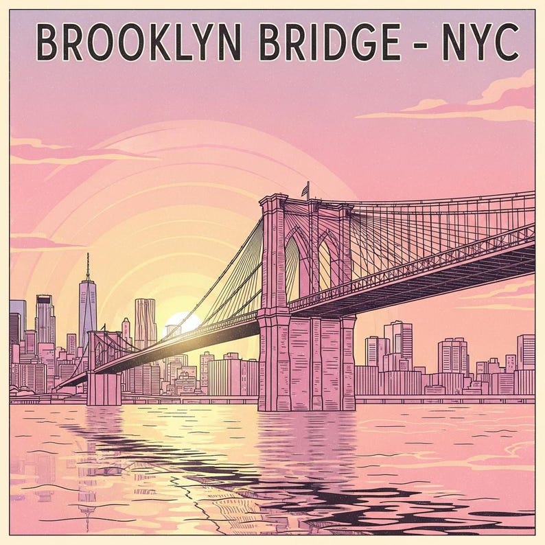 May include: A stylized illustration of the Brooklyn Bridge in New York City, with the text "BROOKLYN BRIDGE - NYC" at the top. The image features a pink and orange sunset over the bridge and city skyline, reflected in the water below.