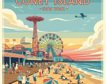 Vintage Coney Island Beach Print Retro New York Boardwalk Wall Art Mid Century Modern Travel Poster for Home Gallery Decor | Digital Print