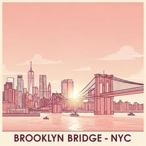 May include: Pink and white illustration of the Brooklyn Bridge and New York City skyline. The artwork features the bridge, buildings, water, and boats, with the text "BROOKLYN BRIDGE - NYC" at the bottom. The sky is a soft pink.