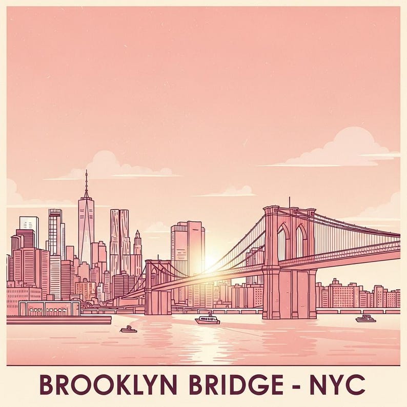 May include: Pink and white illustration of the Brooklyn Bridge and New York City skyline. The artwork features the bridge, buildings, water, and boats, with the text "BROOKLYN BRIDGE - NYC" at the bottom. The sky is a soft pink.