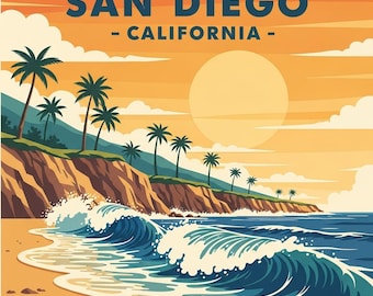 San Diego California Vintage Travel Poster, Coastal Beach Sunset Illustration, Retro Ocean Wall Art, Palm Tree Seaside Print