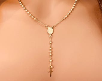 Gold Filled Stardust Rosary Necklace | 18" Our Lady of Guadalupe with Dainty Cross