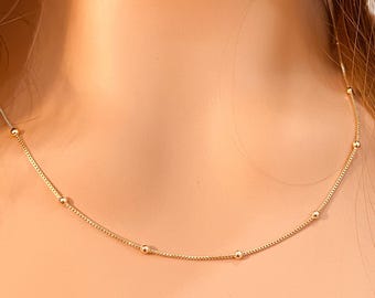 Gold Filled Box & Ball Necklace | 0.5mm Chain | 14–20 Inch