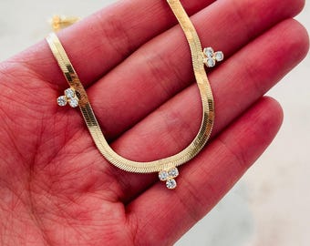 Gold Filled CZ Herringbone Necklace, Herringbone Necklace, Gold Filled Necklace, Layering Necklace, Gold Statement Necklace,Women&#39;s Necklace