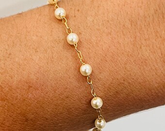 thumbnail image 2 of Hip Hop Cuban Link Bracelet Pearl Bracelets For Women Gold Bracelets For Women, 14K Dainty Gold Plated Stackable Bracelets For Women Trendy Gold Bracelet Stack Set Waterproof Chain Bracelets Paperclip Non Tarnish 2 of 14
