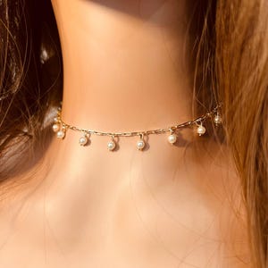 Gold Filled Dangling Pearl Necklace | 2mm Dainty Accent