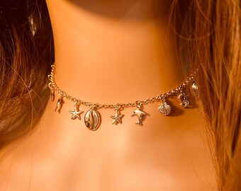 Gold Filled Beach Charm Choker, Dainty Coastal Charm Necklace, Layering Necklace, Choker Charm Necklace, Choker, Dangling Charm Necklace