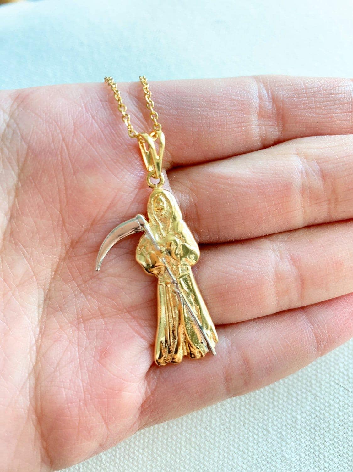 Gold Filled Santa Muerte Necklace | Bold Spiritual Medal Pendant, Holy Death Charm Necklace, Gold Filled Santisima Muerte Pendant with Chain