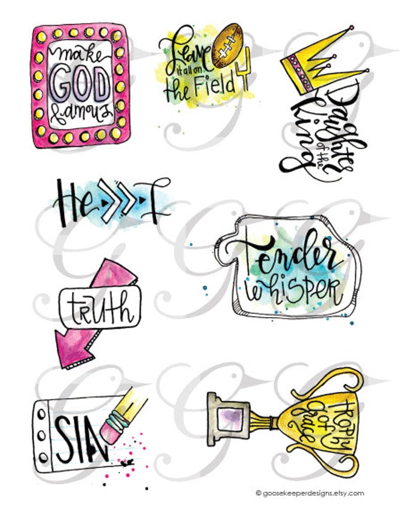 May include: Watercolor illustrations of inspirational quotes and phrases, including "Make God Famous", "Leave it all on the Field", "Daughters of the King", "He >> I", "Truth", "Tender Whisper", "Sin", and "Trophy of Grace".