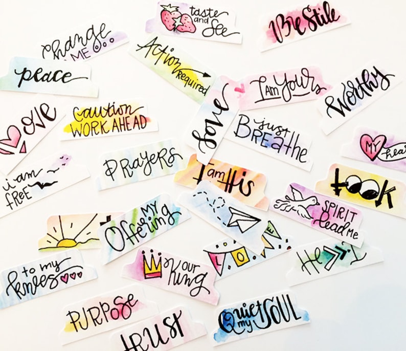 May include: A collection of colorful watercolor stickers with inspirational messages, including "Change Me", "Love", "I am Free", "Just Breathe", "Spirit Lead Me", "Quiet My Soul", and more.