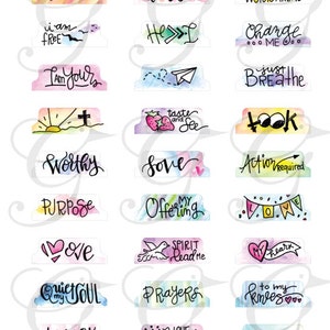 May include: A set of 18 watercolor-style printable planner dividers with inspirational quotes. The dividers feature a variety of colors and designs, including hearts, crosses, and birds. The quotes include "I am His", "Be Still", "I am Free", "I am Yours", "He", "Caution Work Ahead", "Change Me", "Just Breathe", "Taste and See", "Took", "Worthy", "Love", "Action Required", "Purpose", "My Offering", "Spirit Lead Me", "Love", "Quiet My Soul", "Prayers", "To My Knees", "Trust", "Win Our King", and "Place".