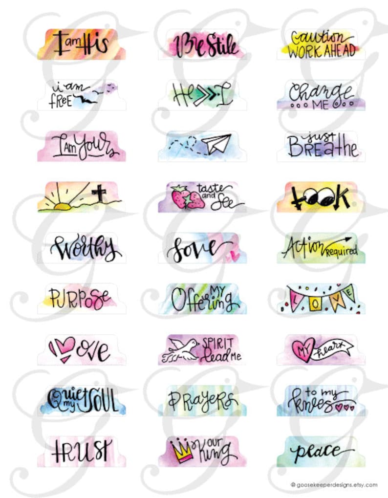 May include: A set of 18 watercolor-style printable planner dividers with inspirational quotes. The dividers feature a variety of colors and designs, including hearts, crosses, and birds. The quotes include "I am His", "Be Still", "I am Free", "I am Yours", "He", "Caution Work Ahead", "Change Me", "Just Breathe", "Taste and See", "Took", "Worthy", "Love", "Action Required", "Purpose", "My Offering", "Spirit Lead Me", "Love", "Quiet My Soul", "Prayers", "To My Knees", "Trust", "Win Our King", and "Place".