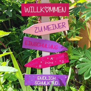 Deko Einschulung, Endlich Schulkind, Schulanfang Deko. Wegweiser als Deko für die Einschulungsfeier, in Pink/Lila oder Blau/Grün. Willkommen zu meiner Einschulung, Endlich Schulkind