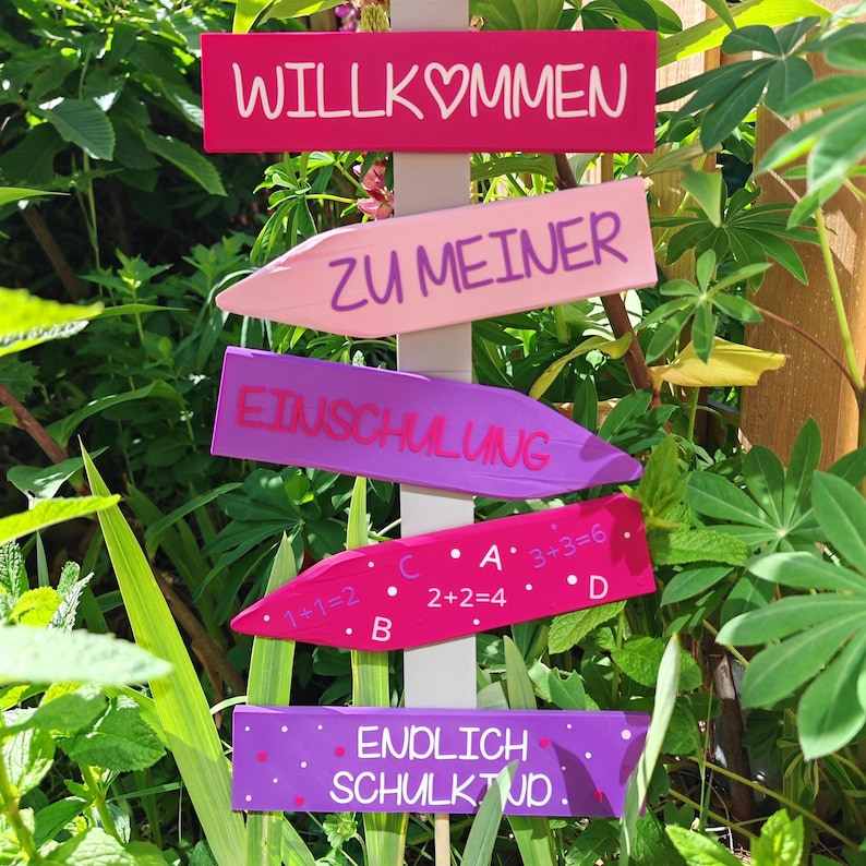 Deko Einschulung, Endlich Schulkind, Schulanfang Deko. Wegweiser als Deko für die Einschulungsfeier, in Pink/Lila oder Blau/Grün. Willkommen zu meiner Einschulung, Endlich Schulkind