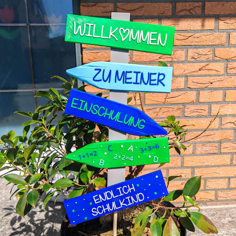Deko Einschulung, Endlich Schulkind, Schulanfang Deko. Wegweiser als Deko für die Einschulungsfeier, in Pink/Lila oder Blau/Grün. Willkommen zu meiner Einschulung, Endlich Schulkind