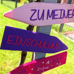 Deko Einschulung, Endlich Schulkind, Schulanfang Deko. Wegweiser als Deko für die Einschulungsfeier, in Pink/Lila oder Blau/Grün. Willkommen zu meiner Einschulung, Endlich Schulkind