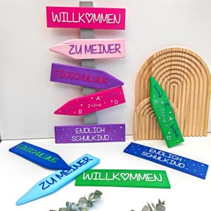 Deko Einschulung, Endlich Schulkind, Schulanfang Deko. Wegweiser als Deko für die Einschulungsfeier, in Pink/Lila oder Blau/Grün. Willkommen zu meiner Einschulung, Endlich Schulkind