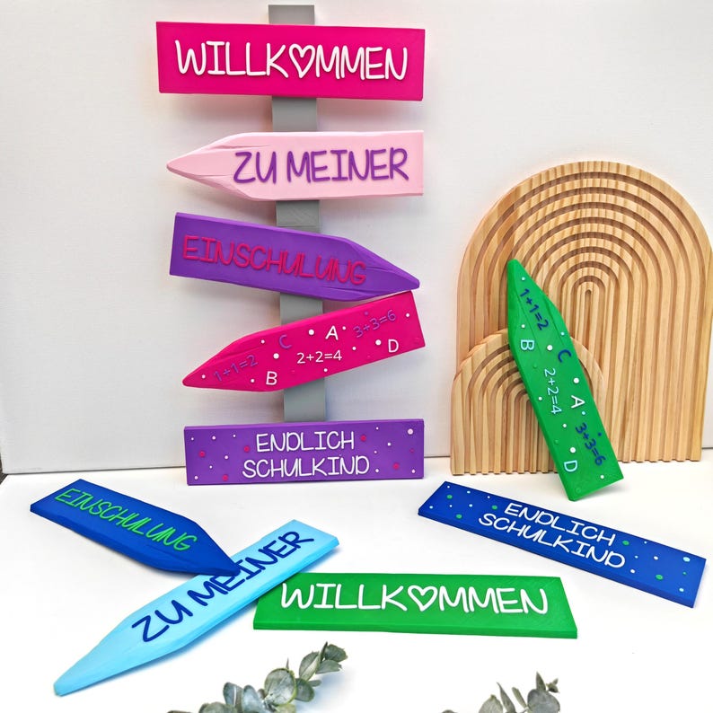 Deko Einschulung, Endlich Schulkind, Schulanfang Deko. Wegweiser als Deko für die Einschulungsfeier, in Pink/Lila oder Blau/Grün. Willkommen zu meiner Einschulung, Endlich Schulkind