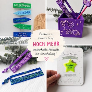 May include: A collection of school-themed items including a multi-colored signpost, a purple pencil holder with leopard print, rulers with smiley faces and the text SCHULKIND, and a star-shaped charm on a card labeled SCHULKIND 2026.