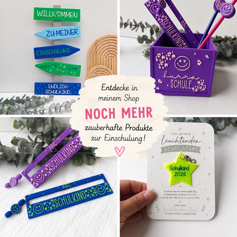 May include: A collection of school-themed items including a multi-colored signpost, a purple pencil holder with leopard print, rulers with smiley faces and the text SCHULKIND, and a star-shaped charm on a card labeled SCHULKIND 2026.