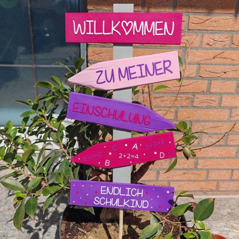 Deko Einschulung, Endlich Schulkind, Schulanfang Deko. Wegweiser als Deko für die Einschulungsfeier, in Pink/Lila oder Blau/Grün. Willkommen zu meiner Einschulung, Endlich Schulkind