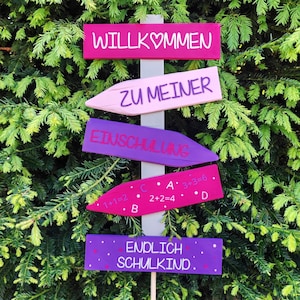 Deko Einschulung, Endlich Schulkind, Schulanfang Deko. Wegweiser als Deko für die Einschulungsfeier, in Pink/Lila oder Blau/Grün. Willkommen zu meiner Einschulung, Endlich Schulkind