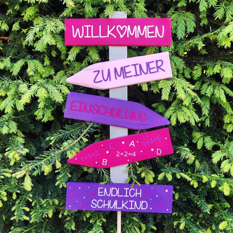 Deko Einschulung, Endlich Schulkind, Schulanfang Deko. Wegweiser als Deko für die Einschulungsfeier, in Pink/Lila oder Blau/Grün. Willkommen zu meiner Einschulung, Endlich Schulkind