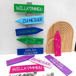 Deko Einschulung, Endlich Schulkind, Schulanfang Deko. Wegweiser als Deko für die Einschulungsfeier, in Pink/Lila oder Blau/Grün. Willkommen zu meiner Einschulung, Endlich Schulkind