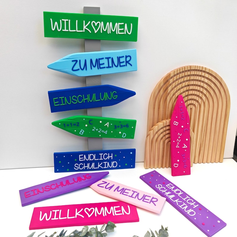 Deko Einschulung, Endlich Schulkind, Schulanfang Deko. Wegweiser als Deko für die Einschulungsfeier, in Pink/Lila oder Blau/Grün. Willkommen zu meiner Einschulung, Endlich Schulkind