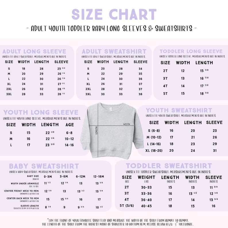 The image is a size chart for long sleeves and sweatshirts, providing measurements and corresponding sizes for different age groups and genders.