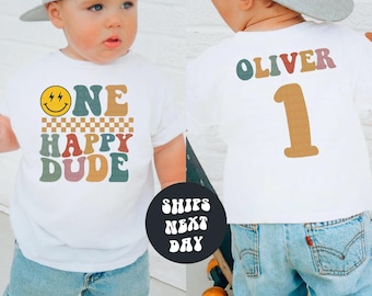 Custom Birthday Boy Shirt One Happy Dude Birthday Sweatshirt Boys Birthday Shirt Retro Groovy Checkered Birthday Party Outfit Birthday Gift
