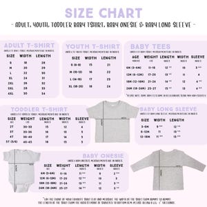 The image is a size chart for children's clothing, including a toddler t-shirt, a baby onesie, and a baby long sleeve. The chart provides measurements for different age groups, such as infants, toddlers, and young children.