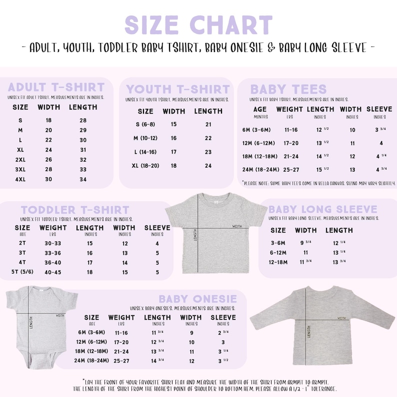 The image is a size chart for children's clothing, including a toddler t-shirt, a baby onesie, and a baby long sleeve. The chart provides measurements for different age groups, such as infants, toddlers, and young children.