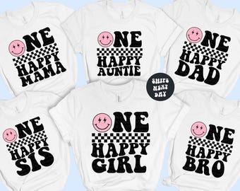 Custom Family Shirt Matching Family Tees One Happy Girl Matching Birthday Shirt One Happy Family Groovy Birthday Shirt Retro Happy Face Tee