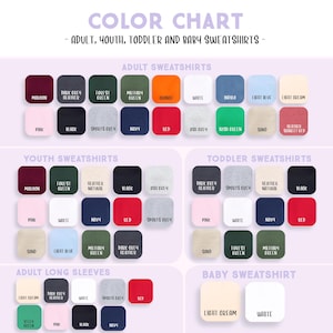 The image is a color chart that displays various types of adult, youth, toddler, and baby sweatshirts in different colors.