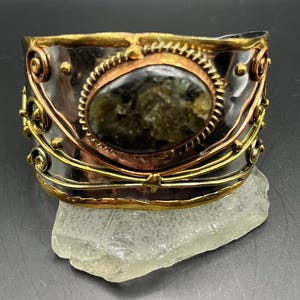 Handmade Labradorite Wide Cuff Bracelet, Mixed Metal Jewelry, Copper Brass Stainless Steel