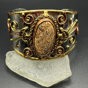 Handmade Picture Jasper Cuff Bracelet, Mixed Metal Statement Jewelry