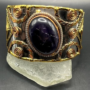 Handmade Amethyst Wide Cuff Bracelet, Mixed Metal Copper Brass Jewelry