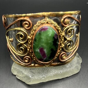 Ruby Zoisite Wide Cuff Bracelet, Semi Precious Stone Jewelry, Stainless Steel, Copper, Brass