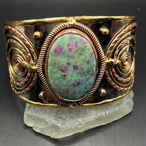 Hand Made Ruby Fuchsite Wide Cuff Bracelet, Mixed Metal Statement Jewelry