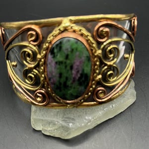 Hand Made Ruby Fuchsite Wide Cuff Bracelet, Mixed Metal Statement Jewelry